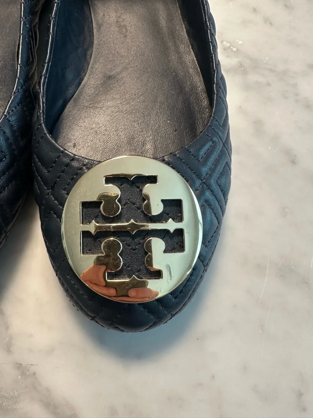 Tory Burch Quilted Navy Leather Logo Medallion Ballet Flats